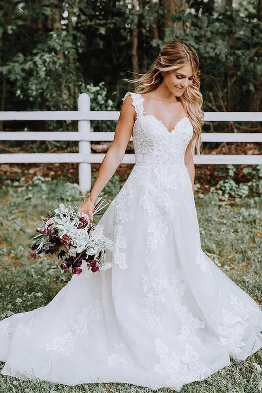 Hermoso vestido de novia de tul con encaje y escote en V, corte A, estilo bosque, WD687