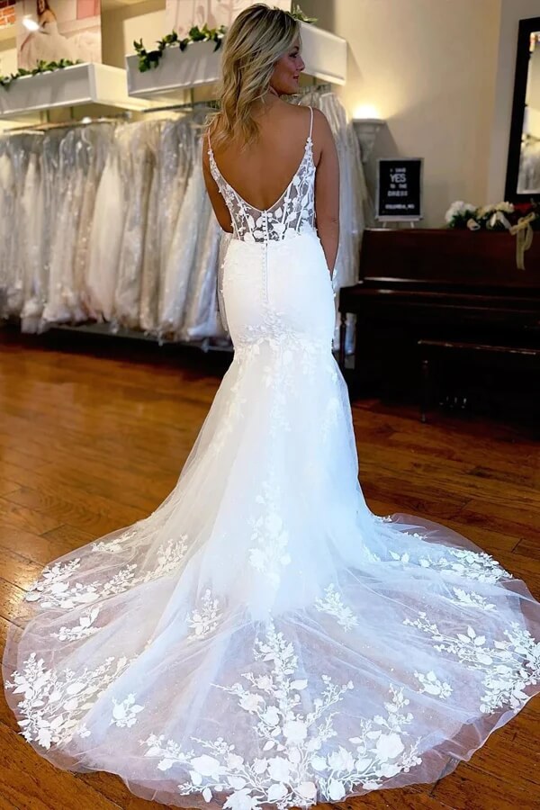 Wunderschöne Meerjungfrau Satin Spitze Brautkleider Brautkleid mit Seitenschlitz WD630