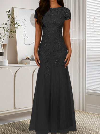 Dark Navy Mermaid Scoop Sequins Tulle Dress