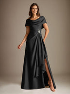 Vestido de madre de la novia de satén elástico, corte A, largo hasta el suelo, con escote redondo y volantes en cascada
