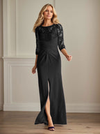 Vestido para madre de la novia de crepé elástico con encaje color ciruela