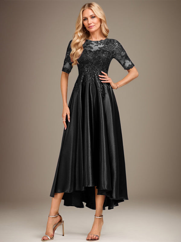 Vestido de madre de la novia de encaje satinado elástico asimétrico con ilusión de escote redondo y lentejuelas