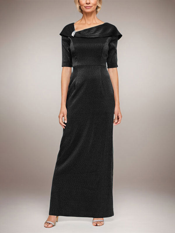 Vestido largo de columna brillante con puños doblados, escote en L y mangas hasta el codo