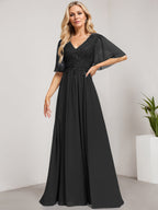 Vestido de madre de la novia de gasa con encaje, escote en V y lentejuelas, largo hasta el suelo