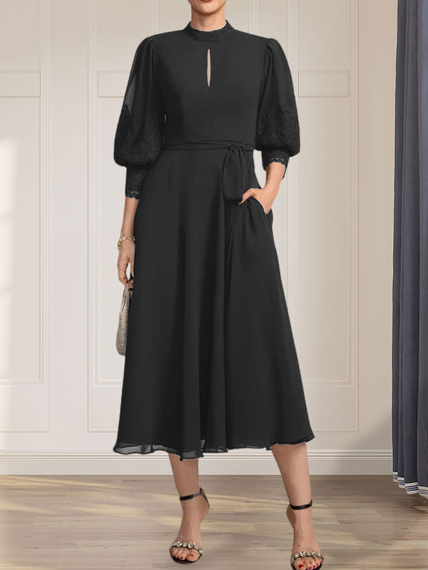 A-Linien-Kleid mit hohem Halsausschnitt und bodenlangem Spitzenchiffonkleid mit Schleife