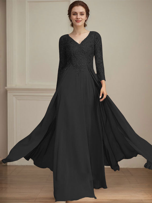 Vestido de madre de la novia de gasa con encaje, escote en V y lentejuelas, largo hasta el suelo