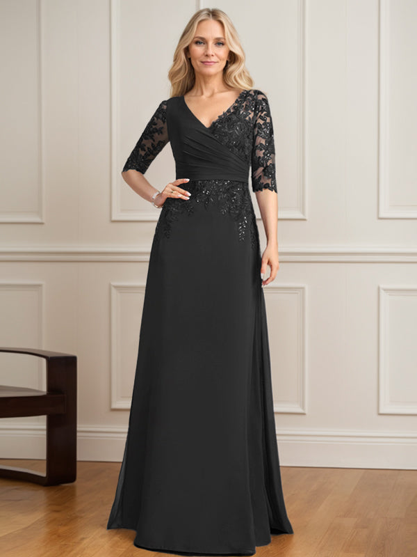 Vestido de madre de la novia de gasa con encaje, escote en V y lentejuelas plisadas hasta el suelo