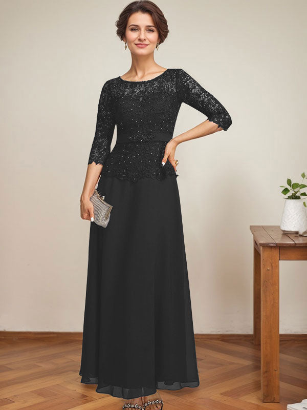 Vestido de gasa con encaje y escote en A, ilusión, largo hasta los tobillos, para madre de la novia con cuentas de diamantes de imitación