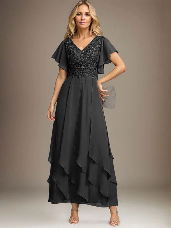 Vestido de gasa con encaje y escote en V hasta los tobillos para madre de la novia con volantes en cascada