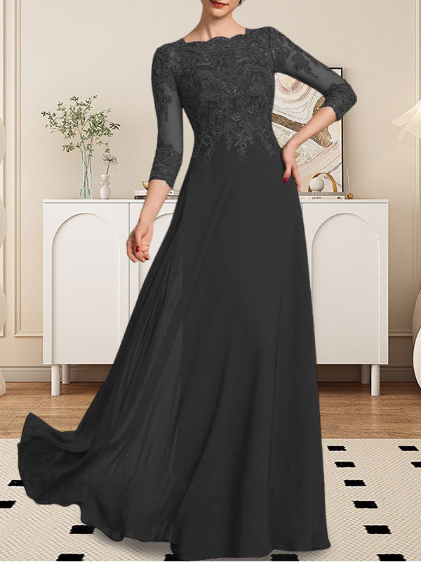 Vestido de gasa con encaje y lentejuelas para madre de la novia, corte A, largo hasta el suelo