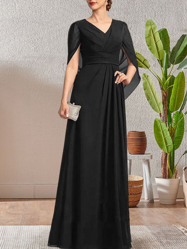 Vestido largo azul marino oscuro con escote en V y corte A para madre de la novia