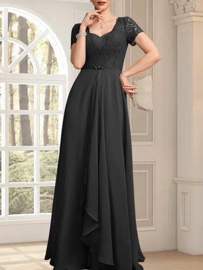 A-line Sweetheart Floor-Length Chiffon Lace Mother of the Bride Dress With Beading Cascading Ruffles