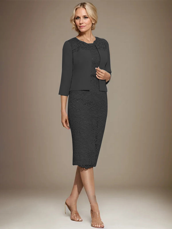 Vestido de gasa con encaje y cuentas para madre de la novia, largo hasta la rodilla, con escote redondo y corte columna