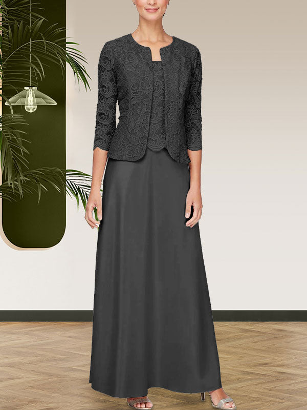 Jackenkleid aus Glitzerspitze und Satinrock mit offener Jacke