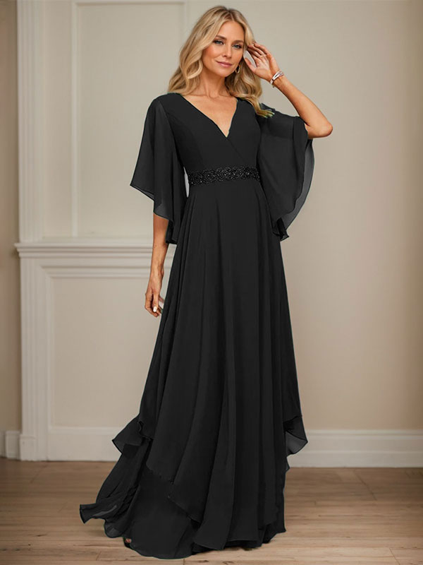 Vestido de gasa para madre de la novia, corte A, escote en V, largo hasta el suelo, con apliques de lentejuelas, encaje y abalorios