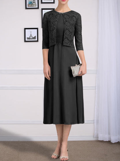 Robe de mère de la mariée en mousseline de soie à coupe trapèze et longueur thé avec plis