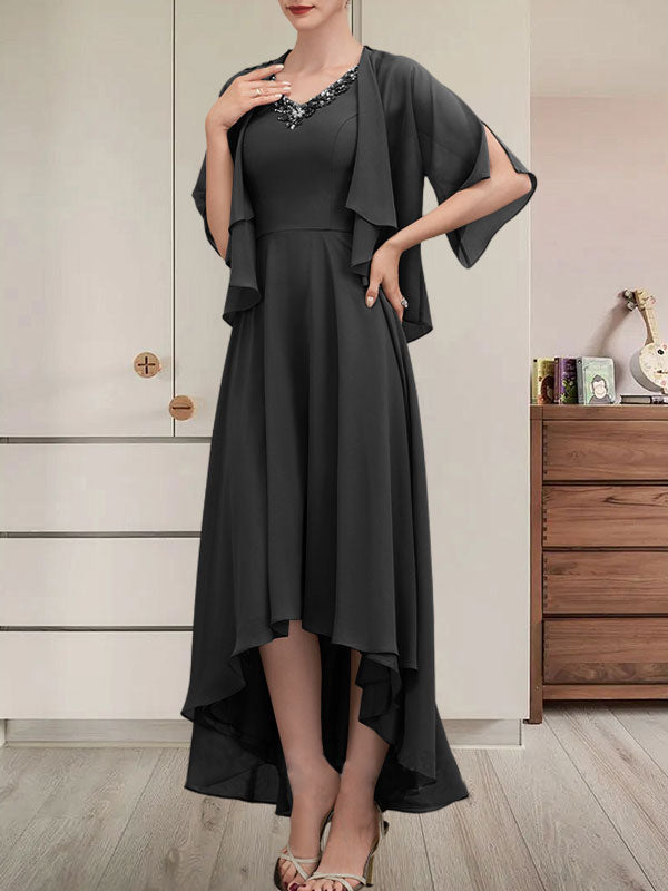A-Linien-Kleid mit V-Ausschnitt, asymmetrischem Chiffon für die Brautmutter mit Perlen und Pailletten