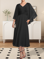 A-Linie V-Ausschnitt Wadenlanges Chiffon-Spitzenkleid für die Brautmutter mit Perlen und Pailletten
