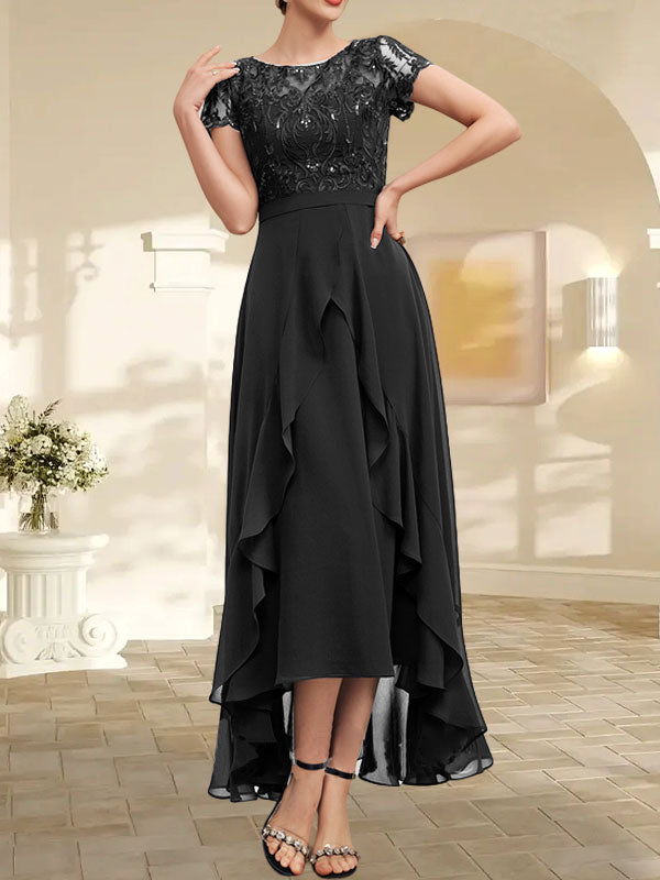 Vestido de madre de la novia de gasa asimétrica con escote en A, ilusión, encaje, lazo, volante y lentejuelas