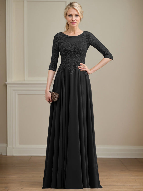 Vestido de gasa con encaje y lentejuelas para madre de la novia, corte A, escote ilusión, largo hasta el suelo