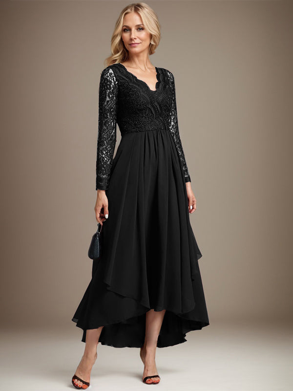 Vestido de madre de la novia de gasa con encaje asimétrico, escote en V y corte A