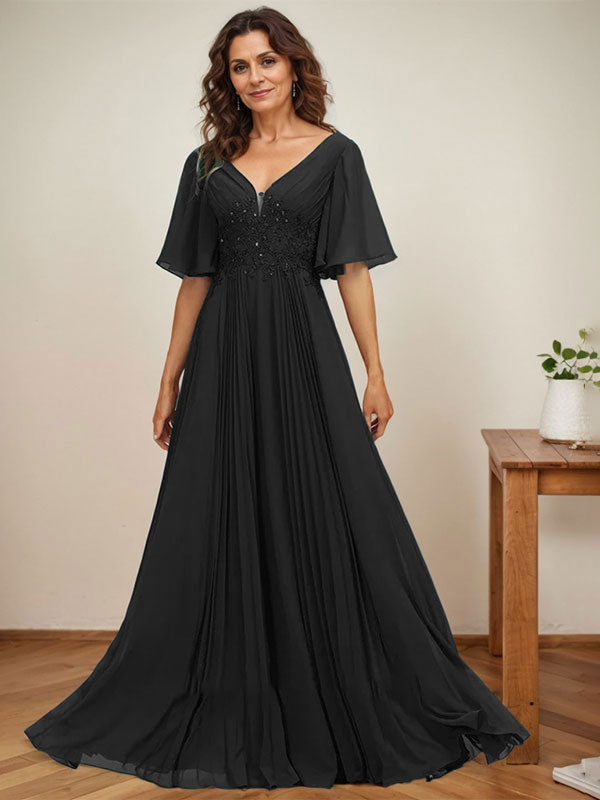 Vestido de gasa para madre de la novia, corte A, escote en V, largo hasta el suelo, con apliques de lentejuelas y encaje plisado