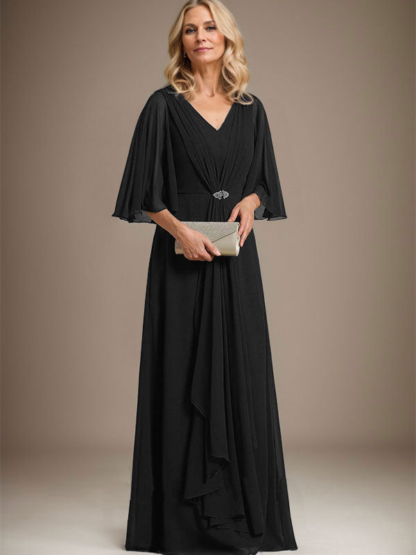 Vestido de gasa para madre de la novia, corte A, escote en V, largo hasta el suelo, con volantes en cascada y broche de cristal