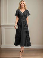 A-Linie V-Ausschnitt Wadenlanges Chiffon-Kleid für die Brautmutter 