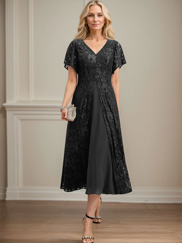 Vestido de gasa con encaje y escote en V para madre de la novia, largo hasta la rodilla