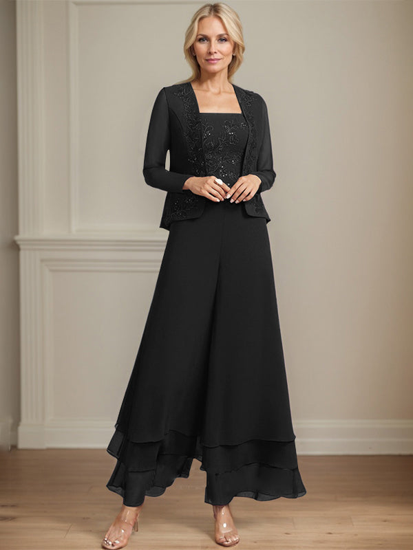 Vestido de madre de la novia de gasa con encaje y lentejuelas, largo hasta los tobillos, con mono/pantalón separado