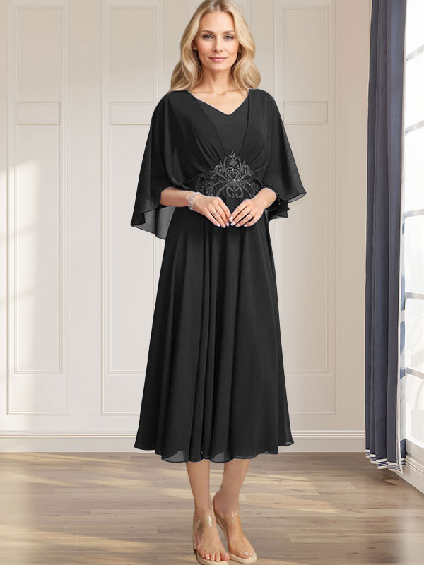 A-Linie V-Ausschnitt Wadenlanges Chiffonkleid für die Brautmutter mit plissierten Paillettenapplikationen Spitzenbesatz 