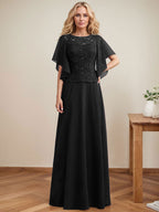 Vestido de gasa con encaje y lentejuelas para madre de la novia, corte A, escote ilusión, largo hasta el suelo