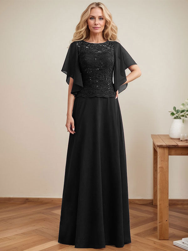 Vestido de gasa con encaje y lentejuelas para madre de la novia, corte A, escote ilusión, largo hasta el suelo