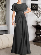 Vestido de gasa para madre de la novia con corte en A, escote redondo y largo hasta el suelo, con cuentas plisadas