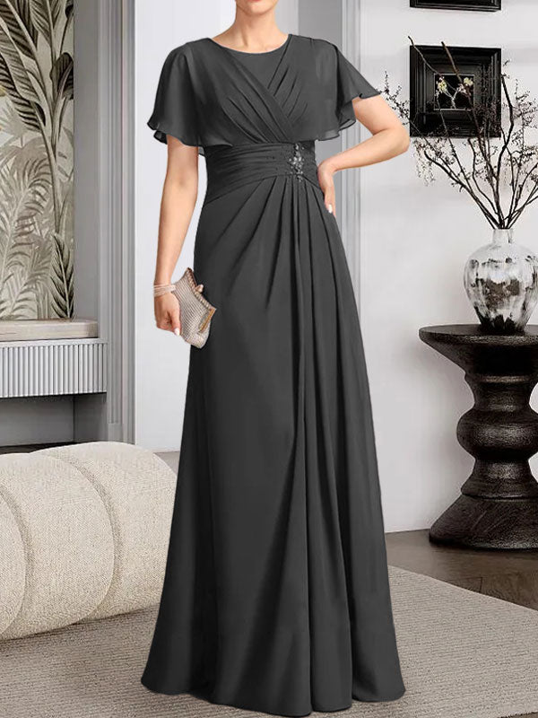 Vestido de gasa para madre de la novia con corte en A, escote redondo y largo hasta el suelo, con cuentas plisadas