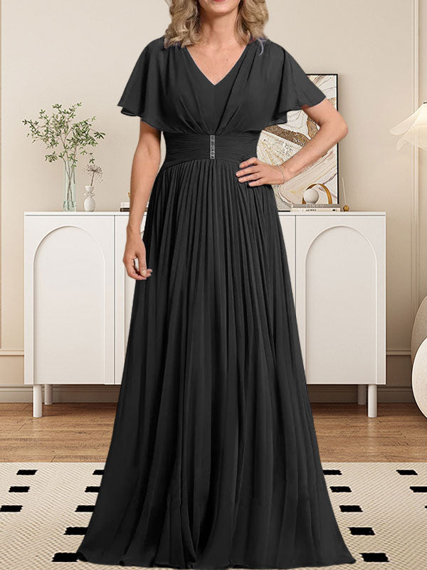 Vestido de gasa para madre de la novia, corte A, escote en V, largo hasta el suelo, con broche de cristal y plisado