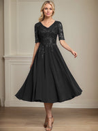 Vestido de gasa con encaje y lentejuelas para madre de la novia, corte A, escote en V y largo hasta la rodilla