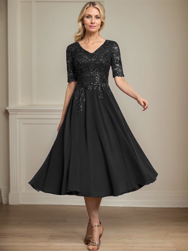 Vestido de gasa con encaje y lentejuelas para madre de la novia, corte A, escote en V y largo hasta la rodilla