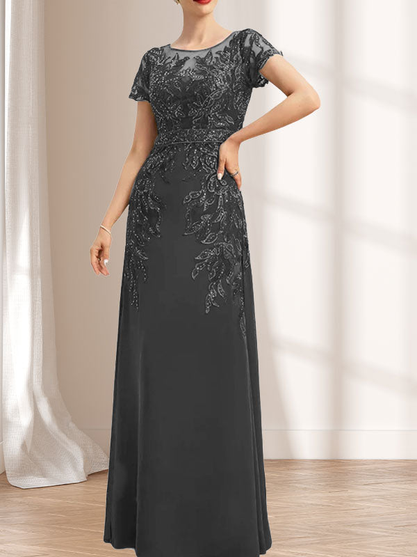Vestido de madre de la novia de gasa con encaje, escote redondo, ilusión, largo hasta el suelo, con lentejuelas
