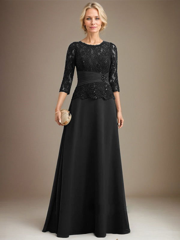 Vestido de gasa con encaje, corte A, ilusión, largo hasta el suelo, para madre de la novia, con lentejuelas plisadas y abalorios