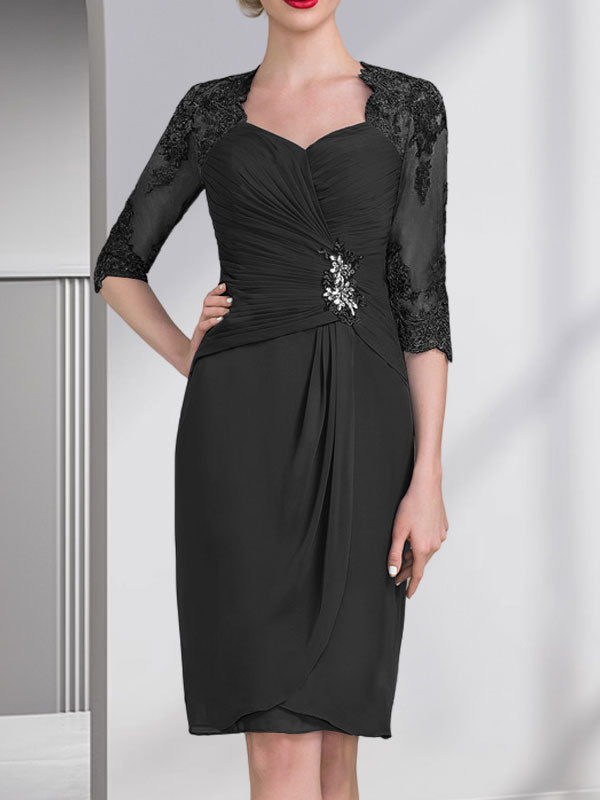 Vestido de gasa para madre de la novia con escote corazón, largo hasta la rodilla, con apliques de cuentas, encaje y lentejuelas plisado.