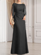 Vestido de gasa para madre de la novia con corte tubo/columna, escote redondo y largo hasta el suelo, con cuentas plisadas
