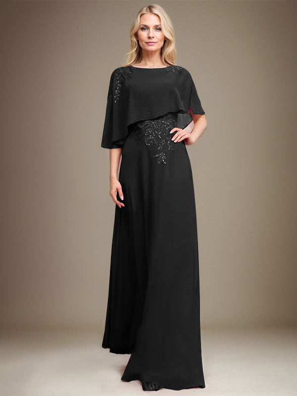 A-Linie U-Ausschnitt Bodenlang Chiffon Spitze Kleid für die Brautmutter mit Pailletten und Perlen 