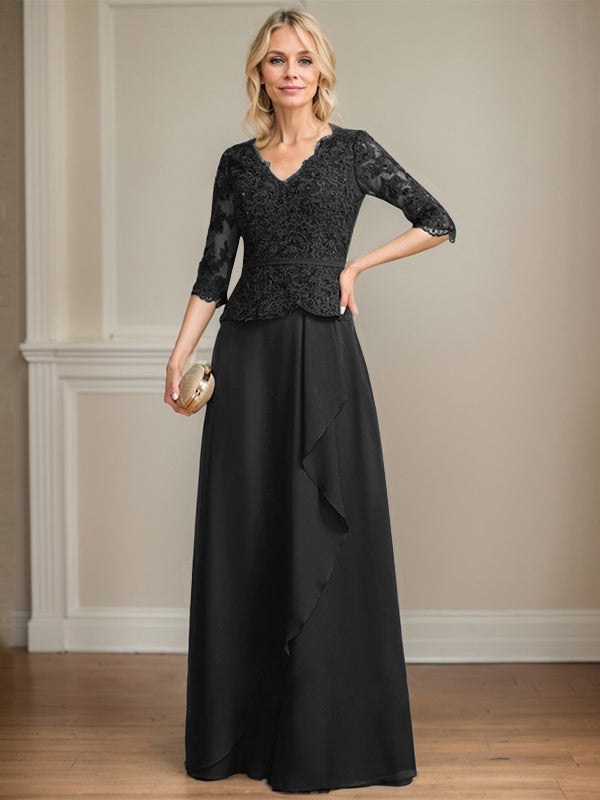 Vestido de madre de la novia de gasa con encaje, escote en V, largo hasta el suelo, con volantes en cascada y lentejuelas