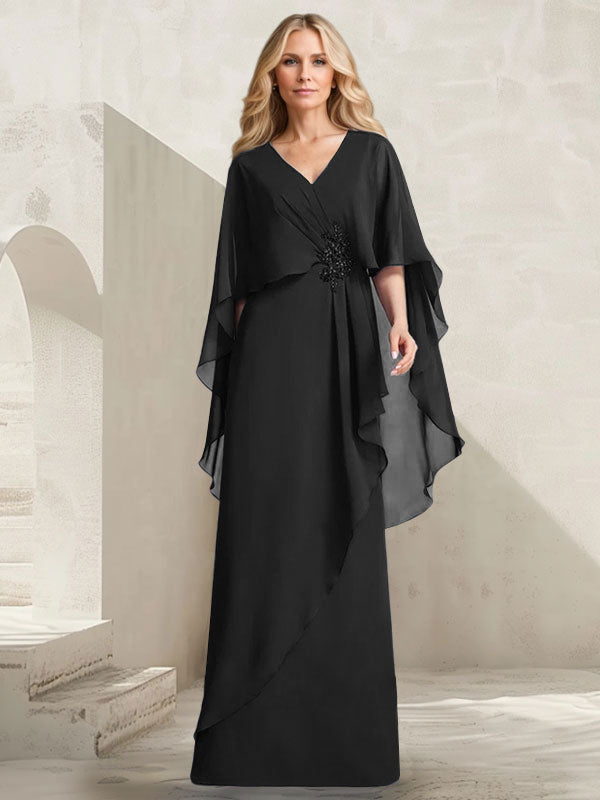 Vestido de gasa para madre de la novia con escote en V, corte A y largo hasta el suelo, con volantes en cascada y cuentas