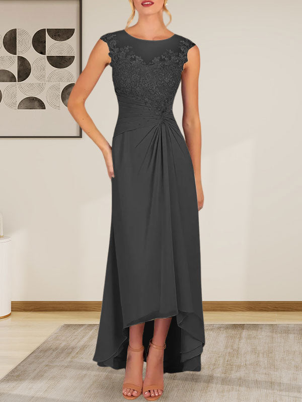 Vestido de gasa con encaje y escote redondo en forma de A color champán