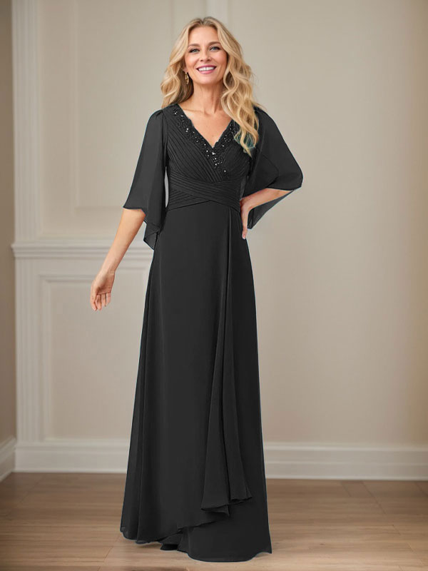 Vestido largo de gasa con lentejuelas y escote en V en forma de A para madre