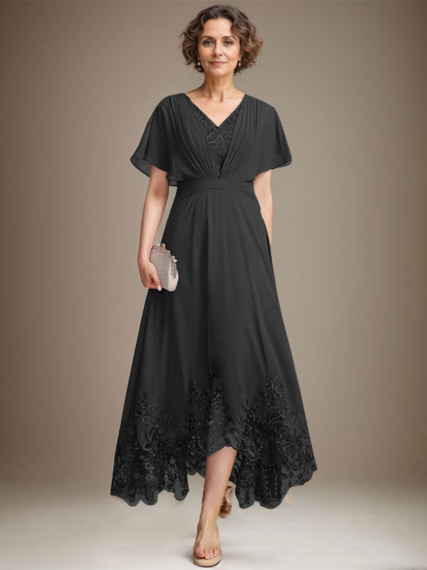 Vestido de madre de la novia de gasa con encaje asimétrico, escote en V y corte A con pliegues