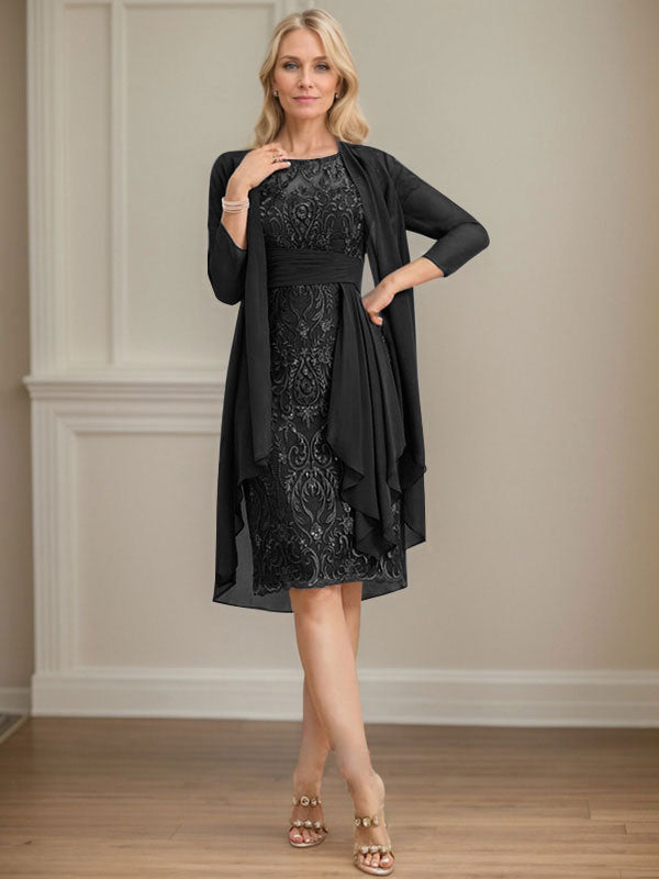 Vestido de madre de la novia de gasa con encaje, escote redondo, ilusión, largo hasta la rodilla, con volantes en cascada y lentejuelas