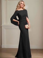 Vestido de madre de la novia de gasa con escote barco, corte trompeta/sirena, largo hasta el suelo, con pliegues